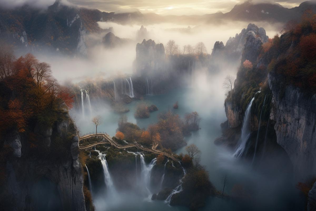 Mysterious waterfalls on the Plitvice Lakes, autumn, turquoise water