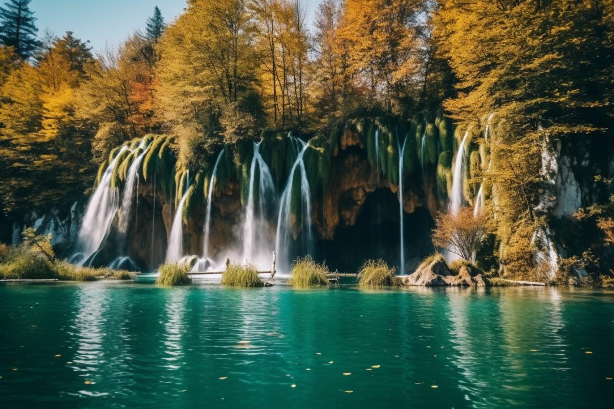 Mysterious waterfalls on the Plitvice Lakes, autumn, turquoise water