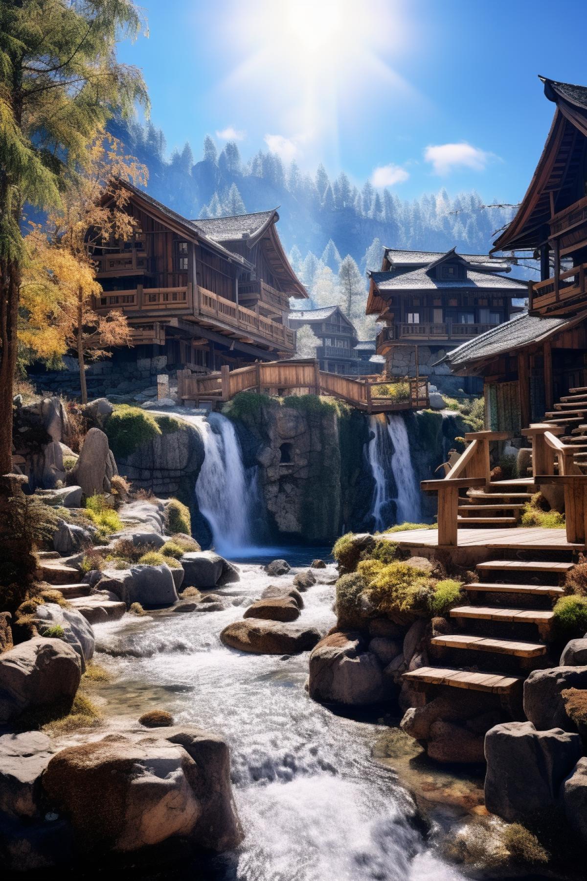 alphapunk village square of the highest peak, footbridges, waterfalls, log architecture, incredibly beautiful, wide angle, canon 20mm lens, photography, volumetric light, intricate, hyperdetailed, fine details, style of Horace Wolcott Robbins and Henri-Edmond Cross, 8k