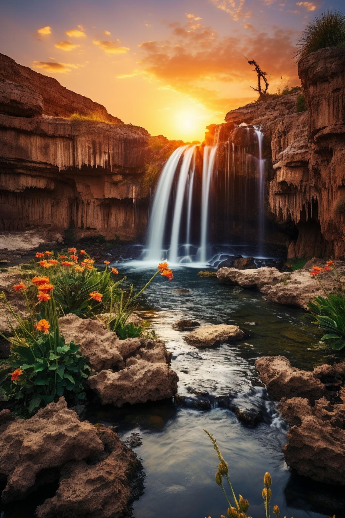 spectacular Ultrawide nature photography. a rocky canyon waterfall, oasis with palm trees and colorful flowers. rocky mountains. sunrise. 120 megapixel