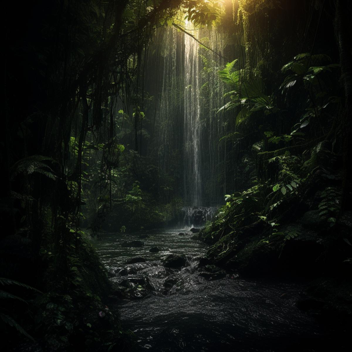 a grim jungle, frightening, fantasy, eyes in the dark, lurking presence, waterfall, immersive