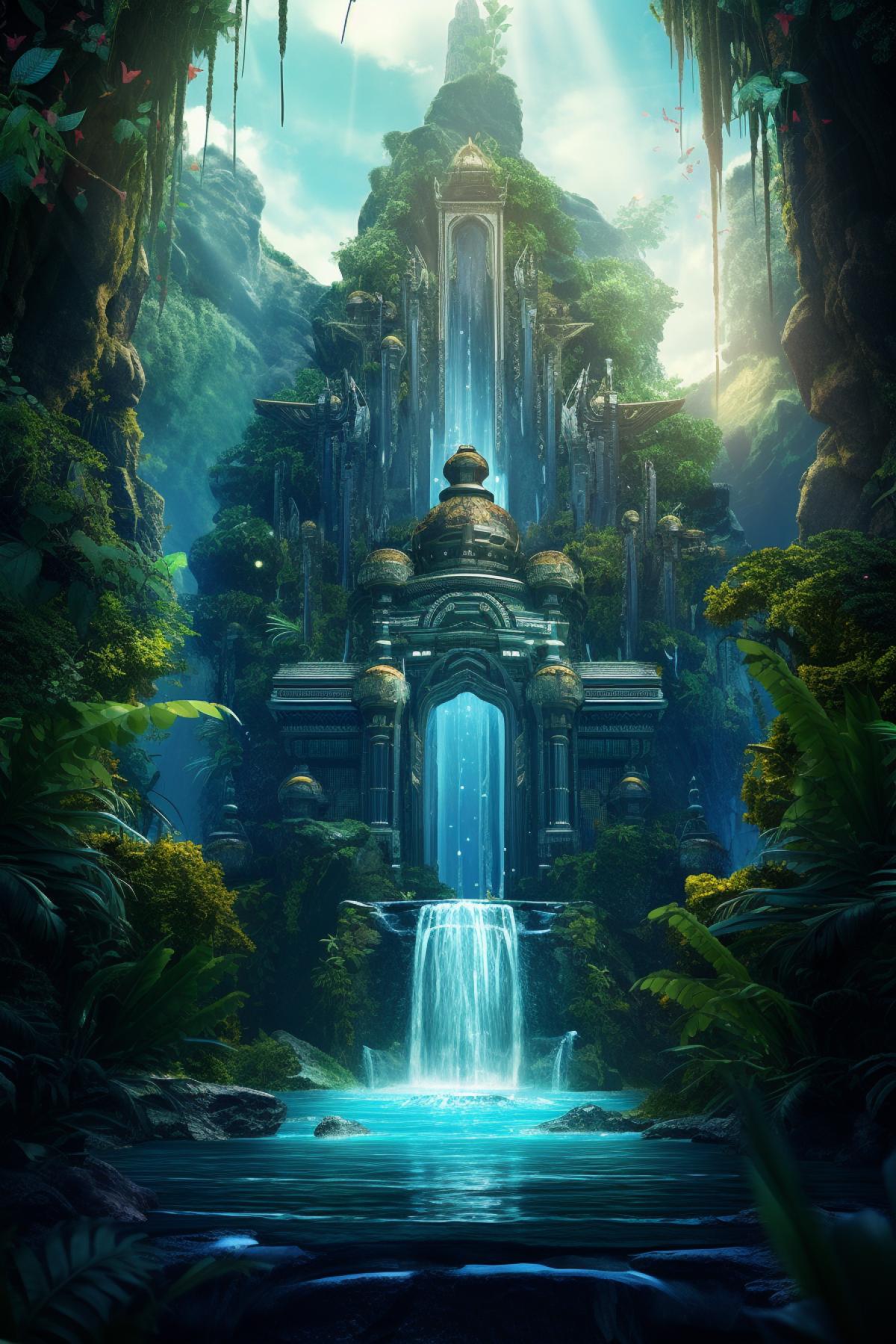 futuristic hydro temple of water, lush magical dream rainforest environment, waterfalls, extremely ornate, intricate, mystical, magical, ethereal, radiant, vibrant, hypermaximalist, hyperdetailed, hyperrealistic, dramatic, epic, stunningly beautiful digital illustration