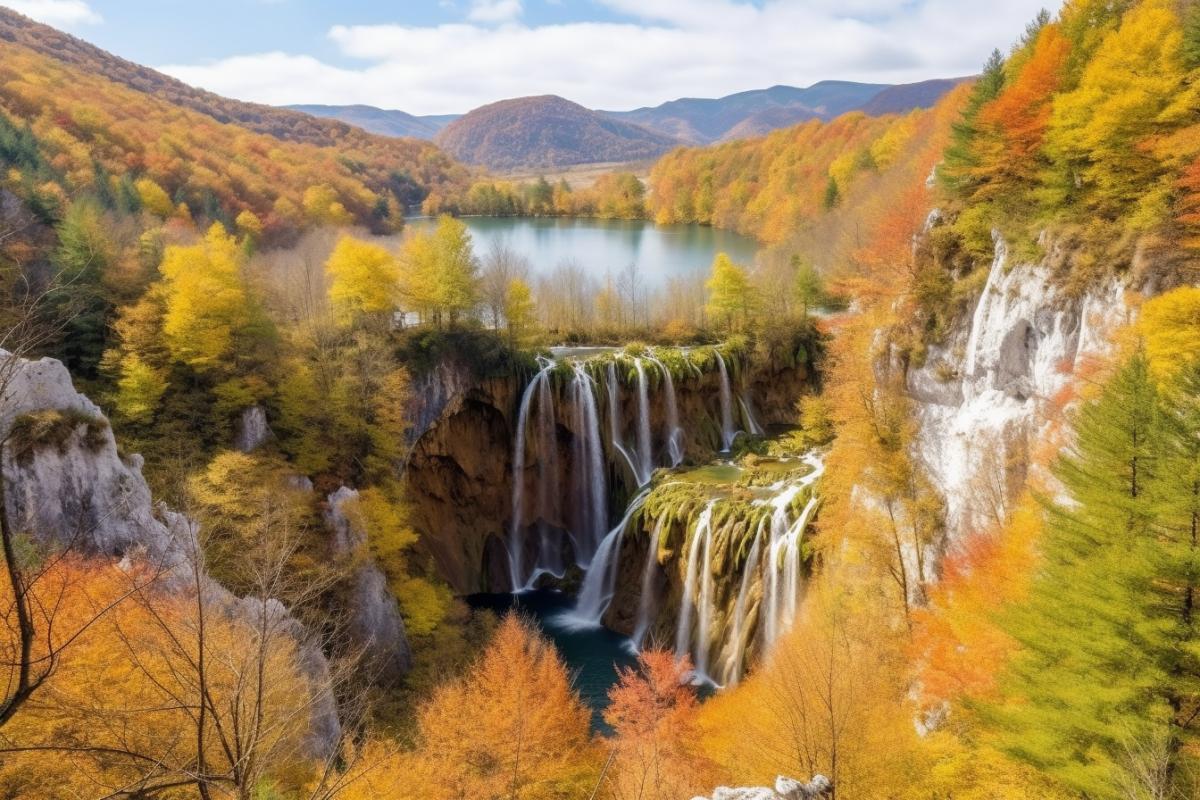 Mysterious waterfalls on the Plitvice Lakes, autumn, turquoise water
