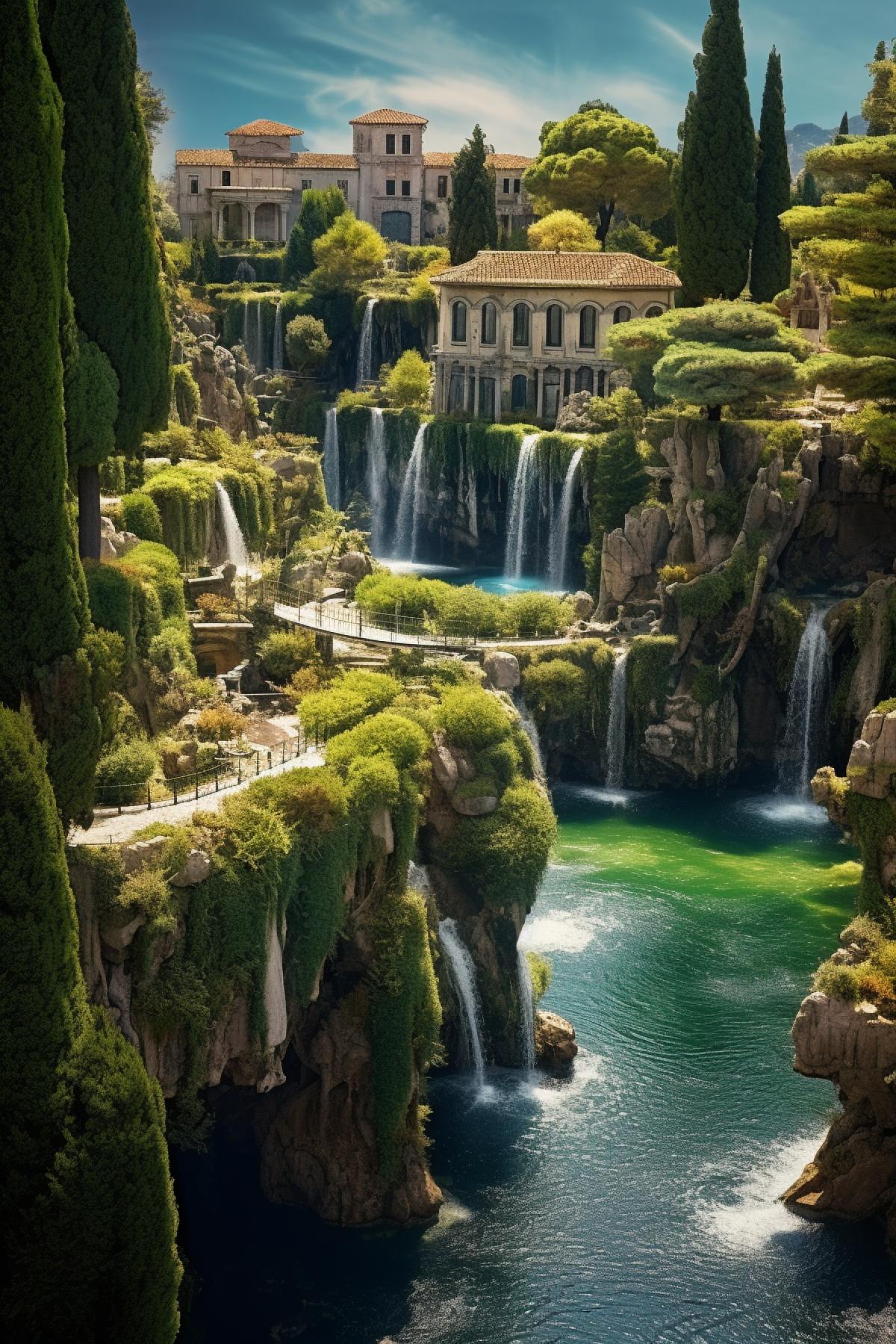 what you will see, garden of Heaven, floating islands with infinite waterfalls falling into the depths of endless sky, blossoming trees, weeping willows and cypresses, marble columns and statues of angels
