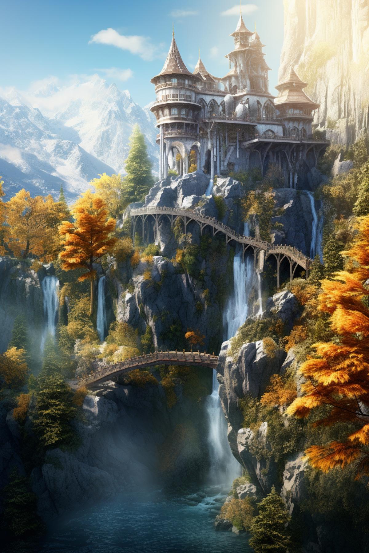 Rivendell, sprawling open elvish house on a cliff in a valley, autumn forest, surrounded by Sierra Nevada mountains, autumn trees, many 2-tier waterfalls, Lord of the Rings, Alan Lee, blue sky, daytime, illustration, dramatic lighting, epic com4k, super detailed, 8k, octane renderer, otherworldly, fantasy, magical, European baroque