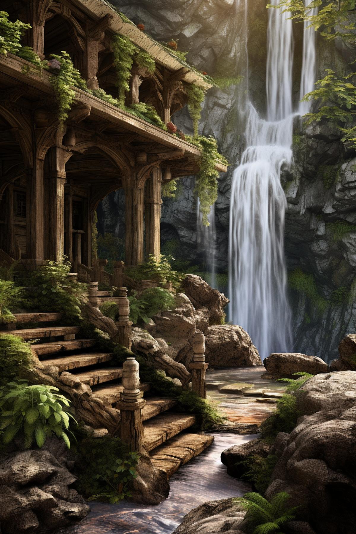 Imladris elven home ornate carved wooden pillards and archways among waterfalls in a hidden valley in the foothills of the Misty Mountains hyperrealism, ultra realistic, Bk, photorealistic, highly detailed, HD, soft heavenly lig 4 Midjourney Bot Imladris elven home ornate carved wooden pillards and archways among waterfalls in a hidden valley in the foothills of the Misty Mountains hyperrealism, ultra realistic, 8k, photorealistic, highly detailed, HD, soft heavenly lighting, volumetric lighting, MacOS Wallpaper