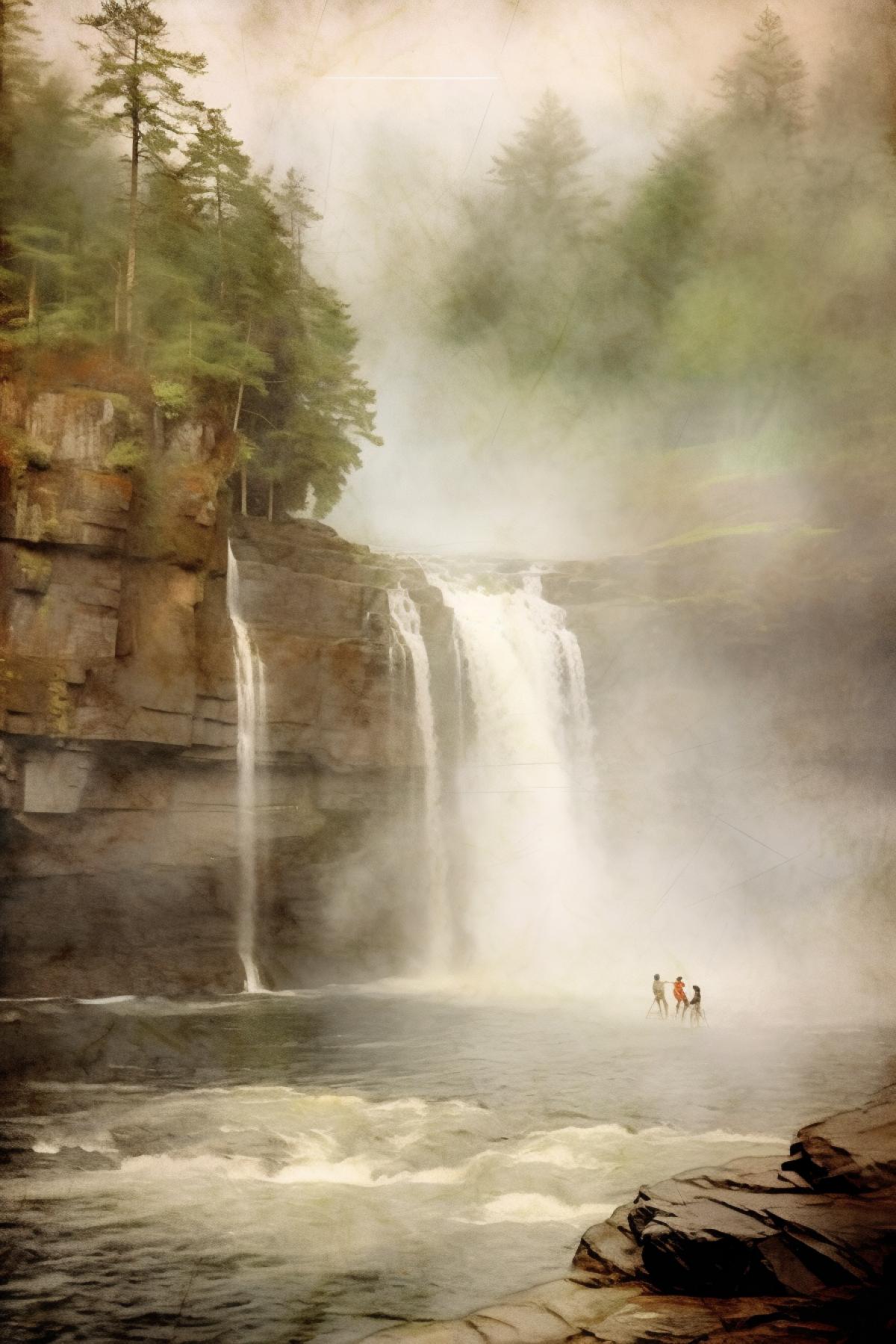 Foggy waterfall in Karelia, sad angler, double exposure