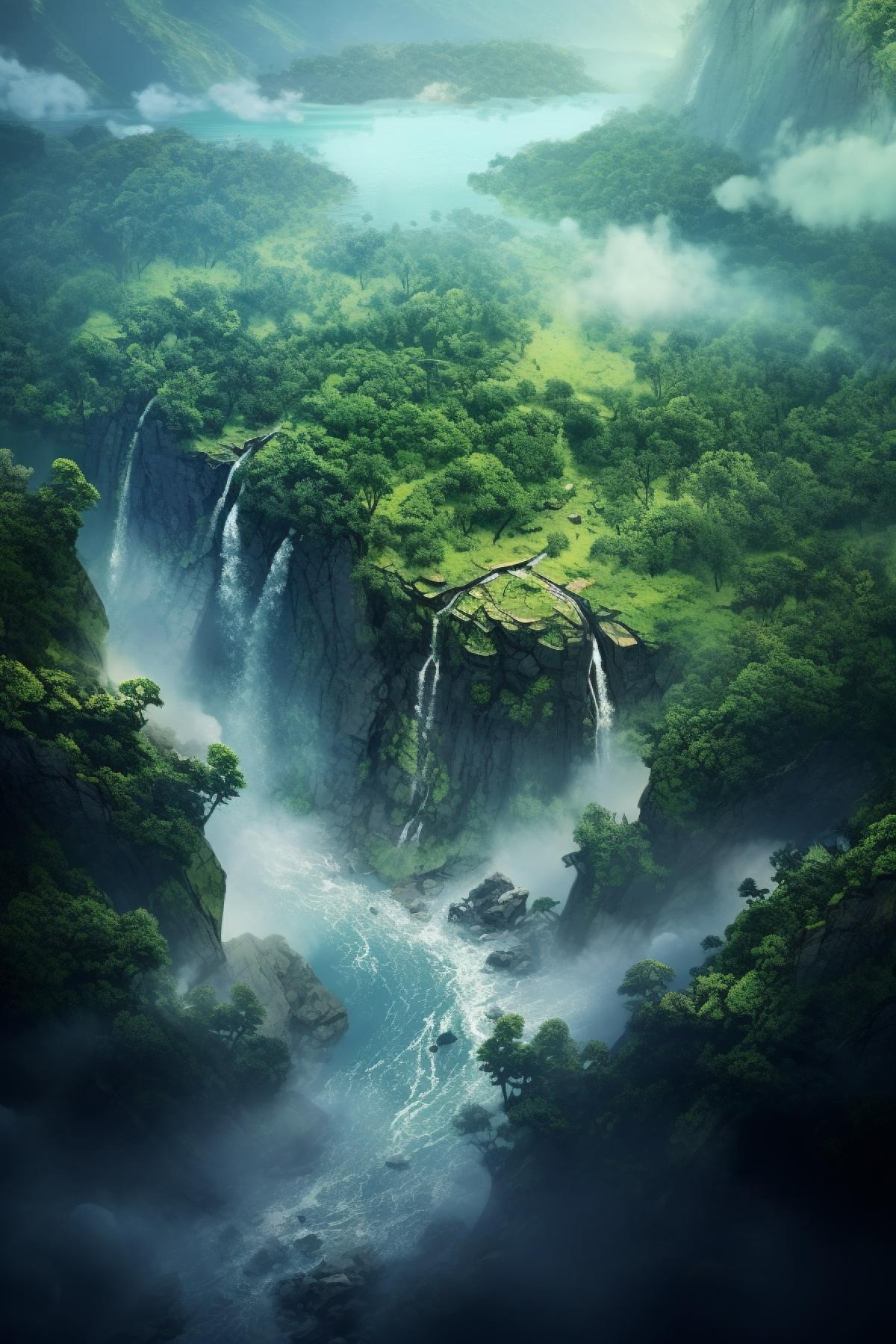View from the sky, waterfall in summer tropical fog island forest landscape by Paul Barson, realistic, cinematic