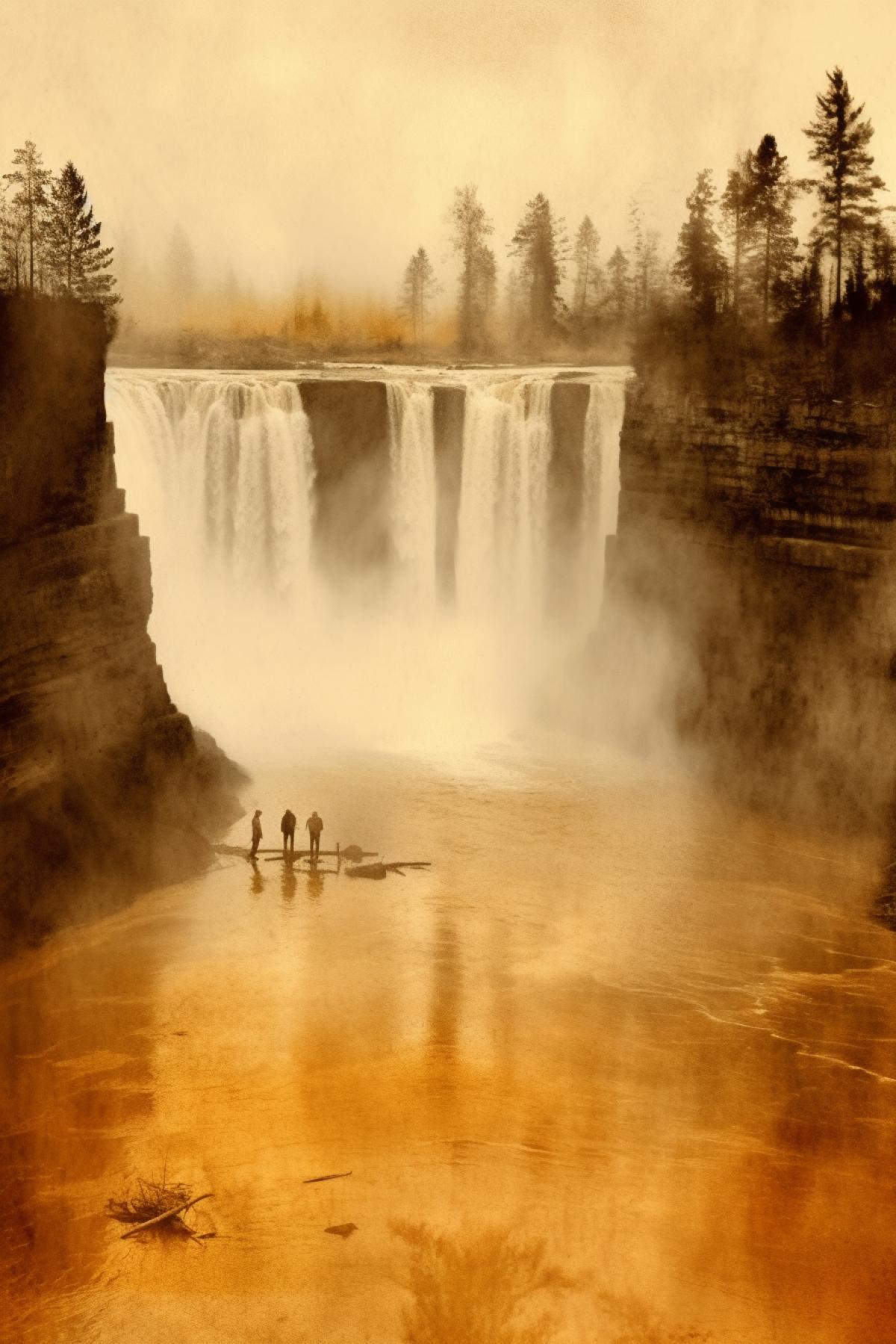 Foggy waterfall in Karelia, sad angler, double exposure