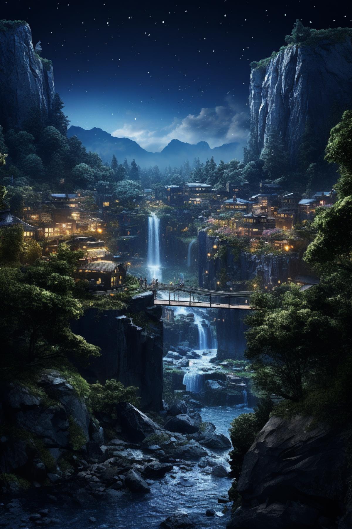 A city in the forest with a waterfall and small river running thru it at night, photo realistic, hyperdetailed