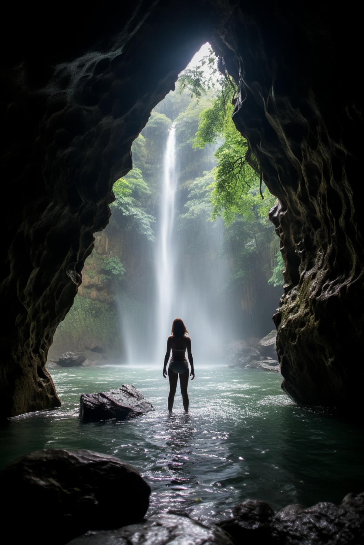 looking out from inside a waterfall cave