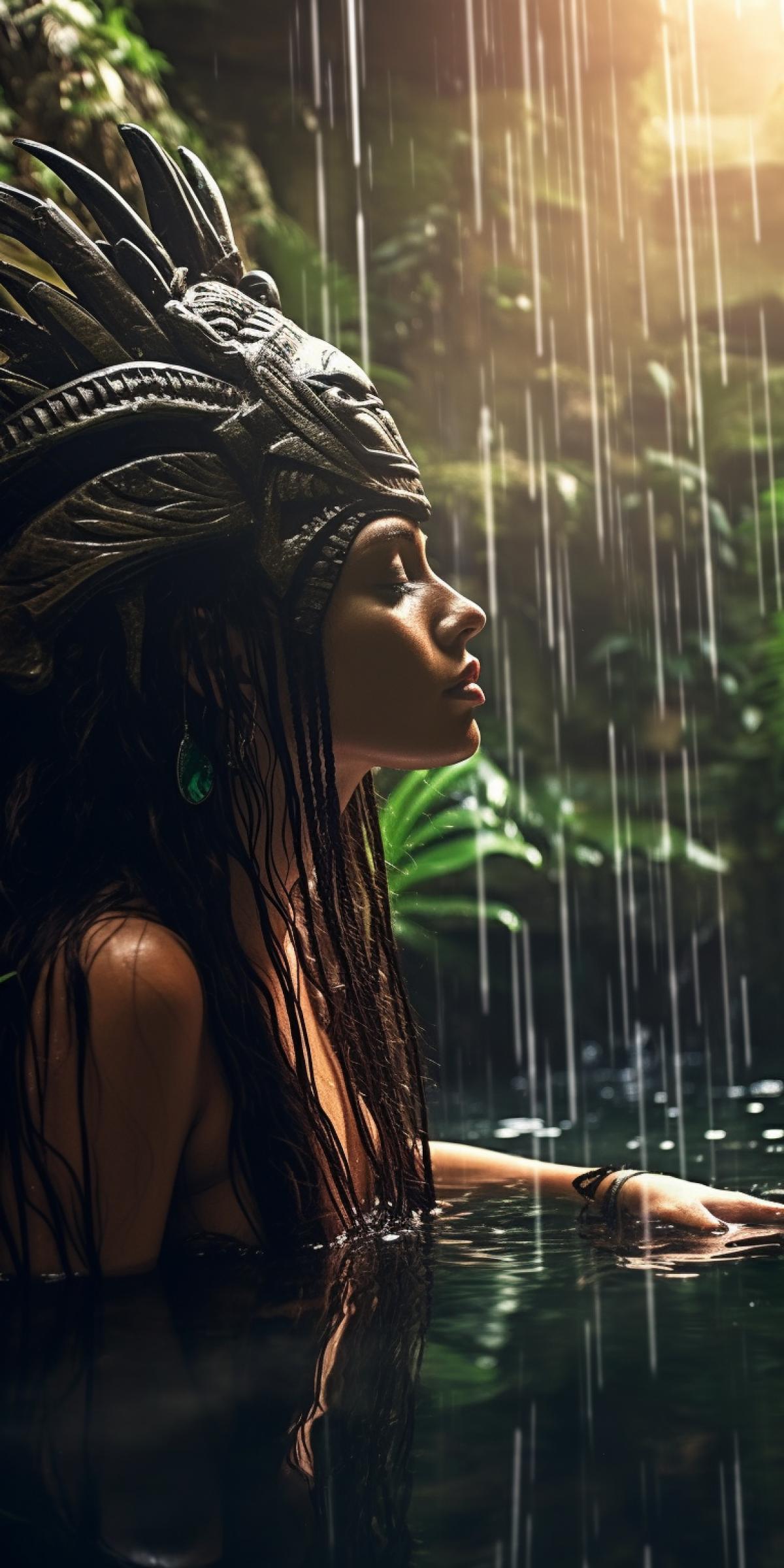An ancient Aztec girl bathes under a tropical waterfall, incredibly beautiful jungle, water splashes, refracted rays of the sun, high resolution, thoughtful com4k, advanced digital photography quality