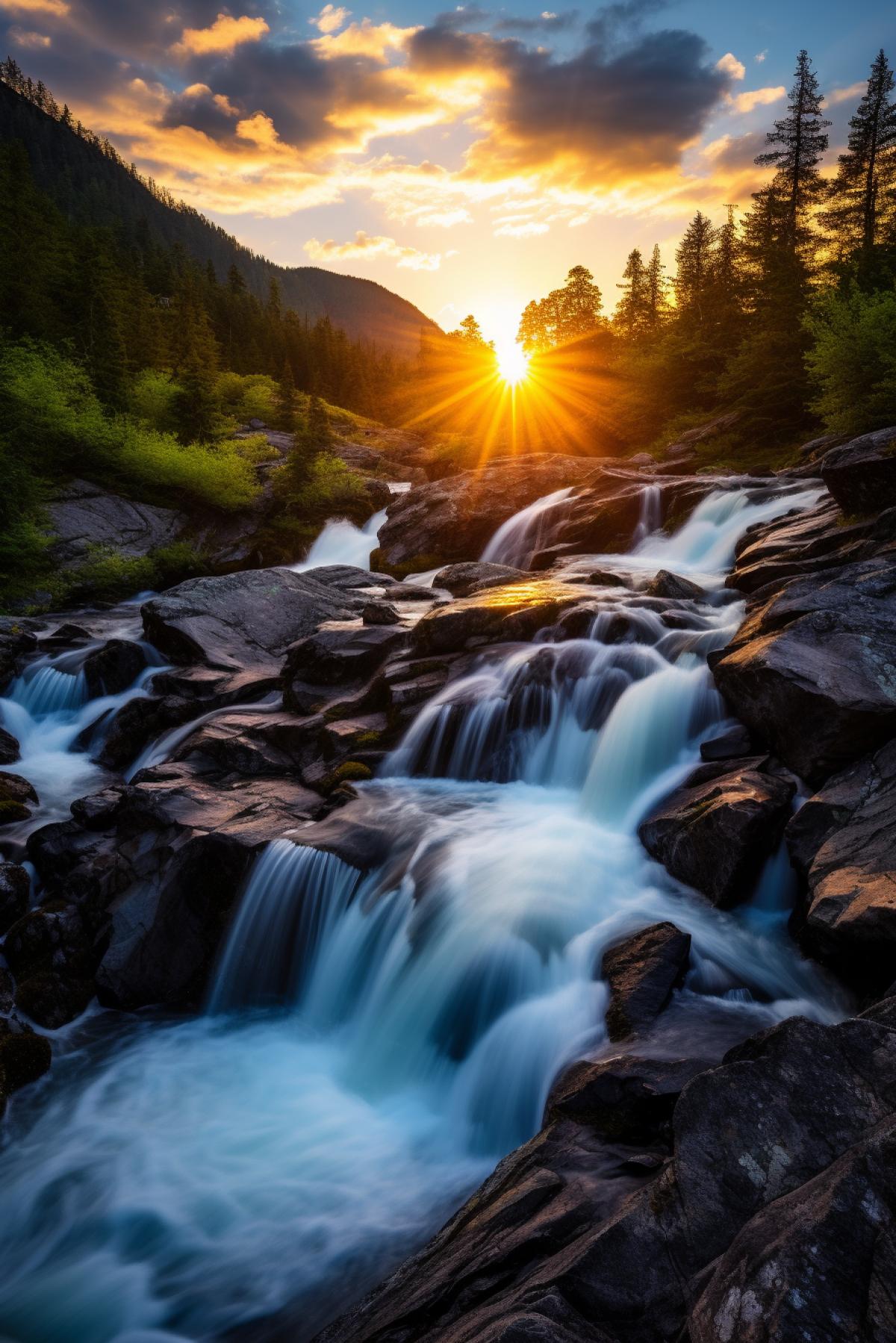 Waterfall in Norway at sunset