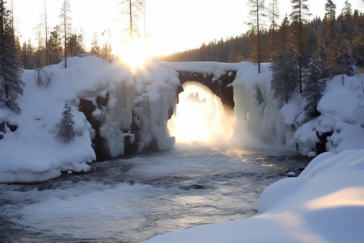 Sparkling frozen waterfall, Finnish winter