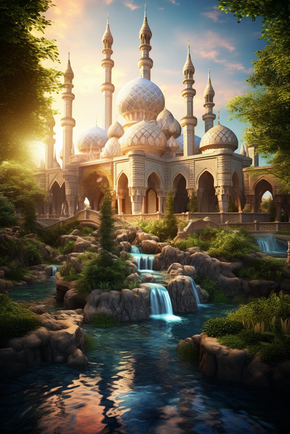 twisted stone clad masjid mosque, tall minarets, abstract obscure dome, beautiful mosque, beautiful waterfalls, luscious gardens beneath, heavenly lighting, divine design, serene settings, greenery, environmentalism, sustainability, hyperrealism, highly detailed, dramatic lighting, volumetric lighting, 8k, sharp,