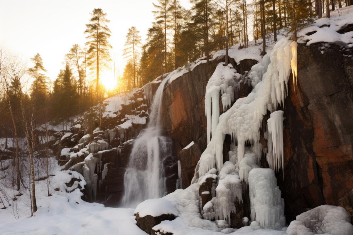 Sparkling frozen waterfall, Finnish winter