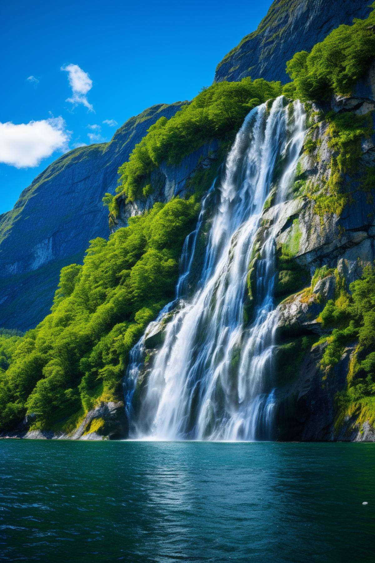 Waterfall in norwegian fjords, sunny day