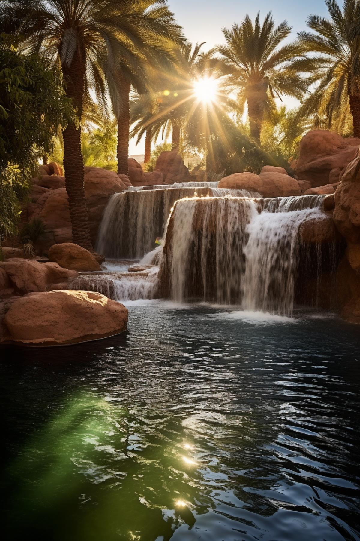 Shining waterfall in a desert oasis