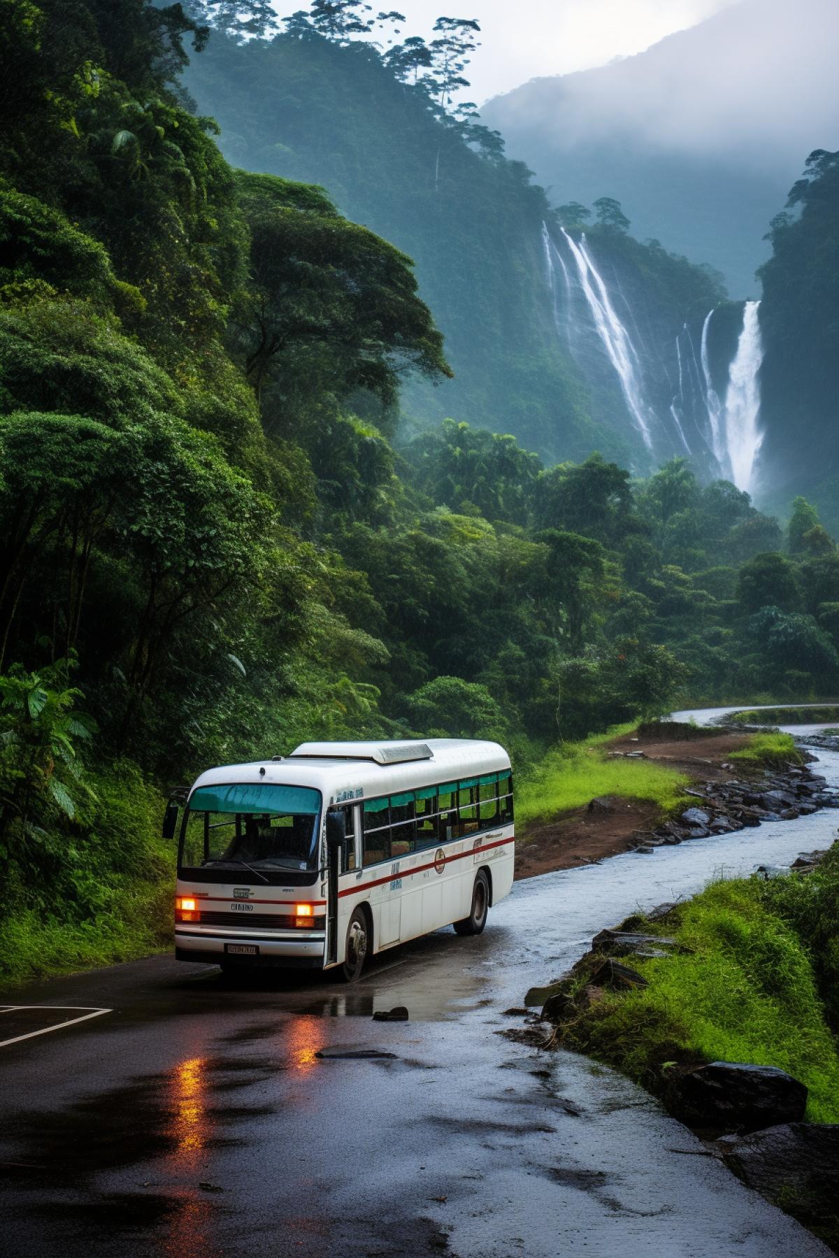 early morning drizzles in mountains. With a waterfall in background and Kerala bus in foreground