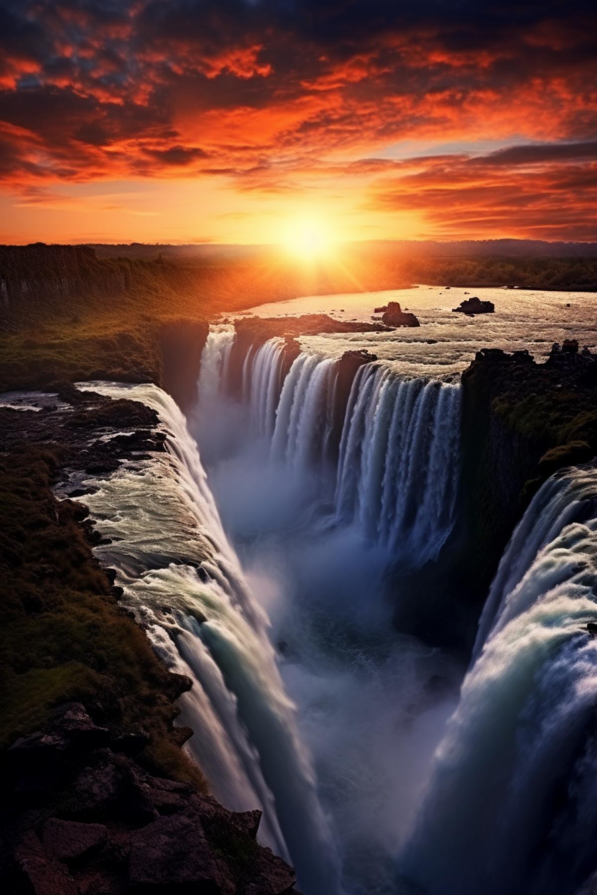 Imagine epic waterfall, sunset, ultrarealistic