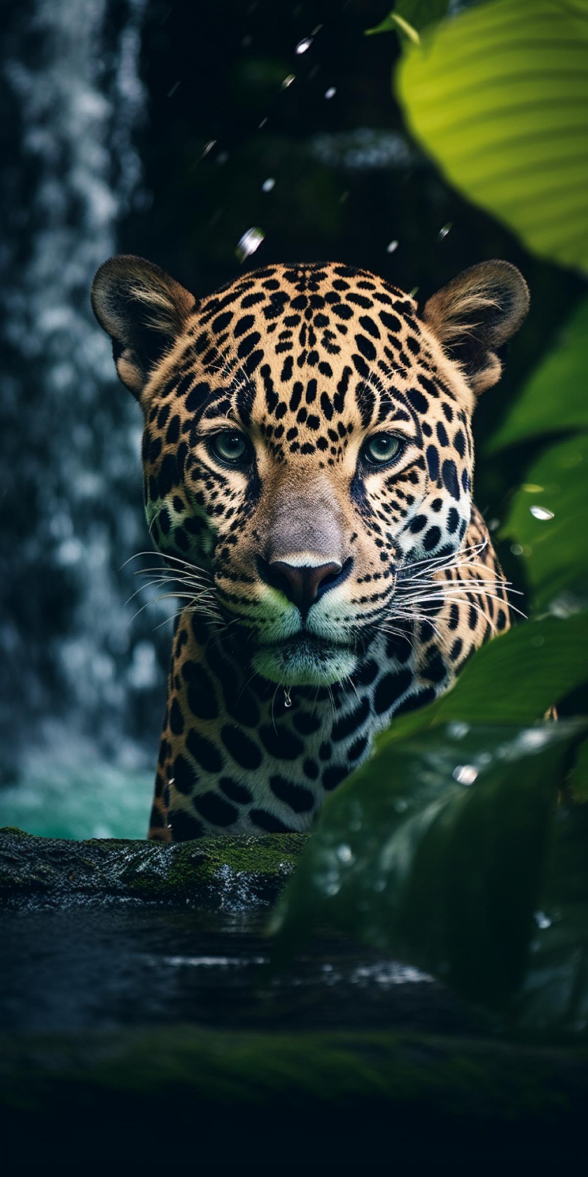 Jaguar lurking behind a tropical waterfall