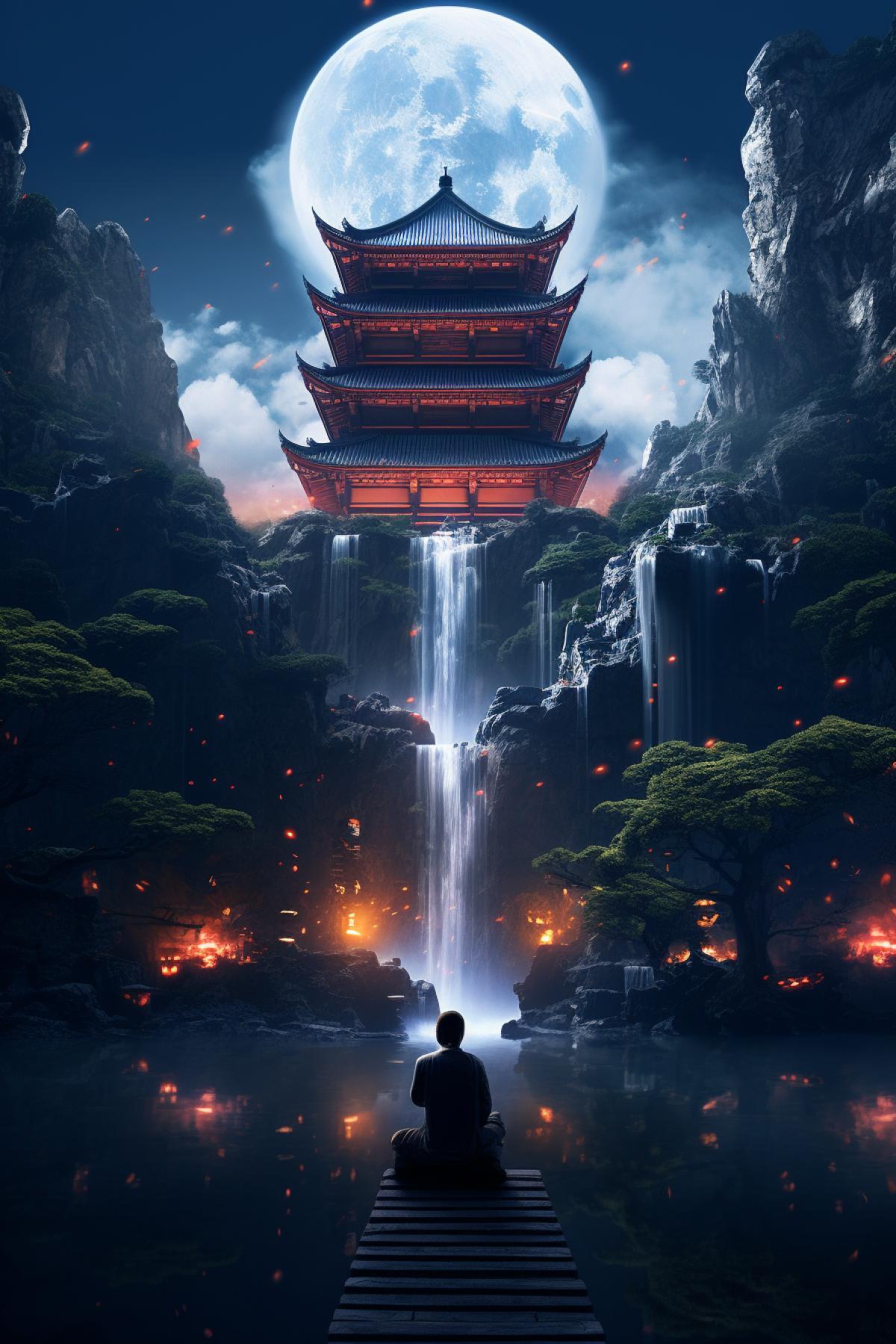 a man in a Chinese pavilion watching moon, waterfall, mist, neon city, water reflections, hyper detailed, concept art, 8k, unreal engine, refer on Jordan Grimmer, Jaime Jasso, Shwedoff, Cyberpunk 2077, artstation, pinterest, blade runner