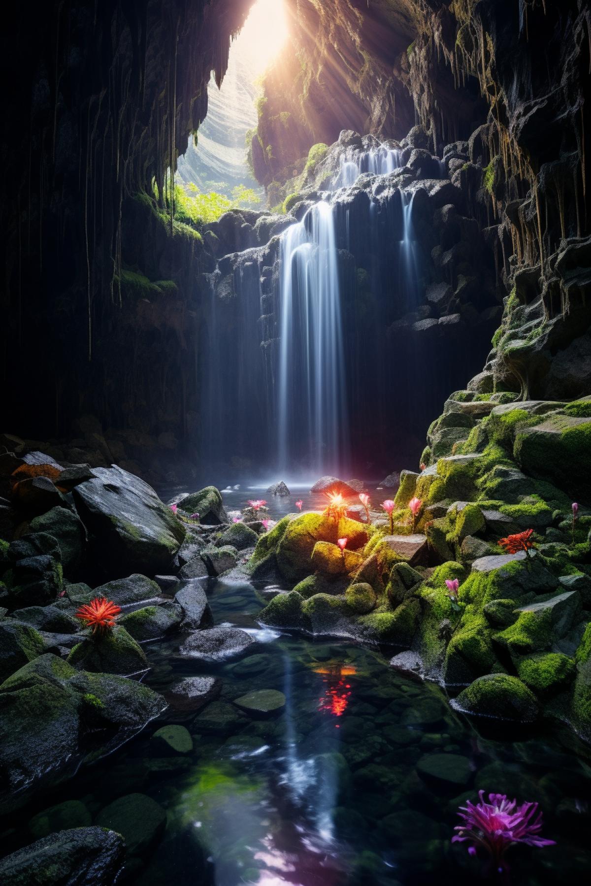 Colorful crystal cave inside the mountain. Waterfalls are falling in, sunbeams are touching the water and crystals and reflect the light, moss plants and gorgeous flora