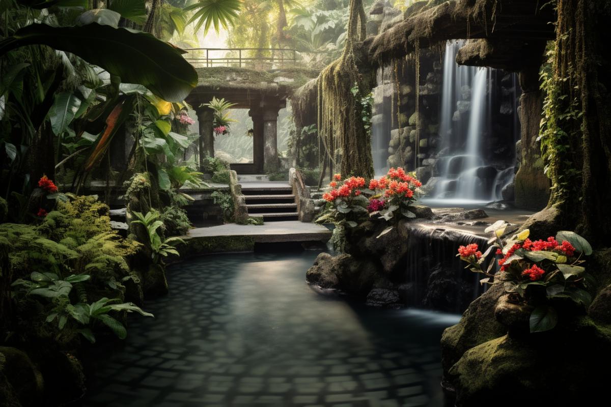 art beautiful malay sultanate royal garden scenery, waterfall, lots of flowers and herbs tree beside the stream, state of the art pergola, malay geometric pattern, desktop wallpaper, art photography::4 well lit, sharp focus, high artistic quality, unique, award-winning photography, Hasselblad X2D 100C, ultra-wide angle 17 mm, f/8 aperture, 1/2 sec shutter speed, ISO 100, professional lighting setup, flash strobe mode, Adobe Photoshop, mouth-watering com4k, attention to detail::5