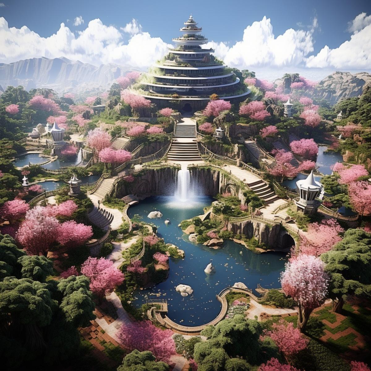 garden of Heaven floating islands with infinite waterfalls falling into the depths of endless sky pools of water completely static and keeping the whole area afloat on nothingness Flowers like roses lavender lilies cherry blossoms sunflowers tulips etc blossoming trees weeping willows and cypresses marble columns and statues of angels Image