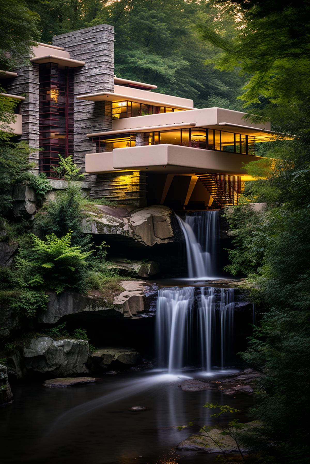 modernist mansion built in the middle of huge waterfall modernist architecture piercing veils of falling water ar no fallingwater Image