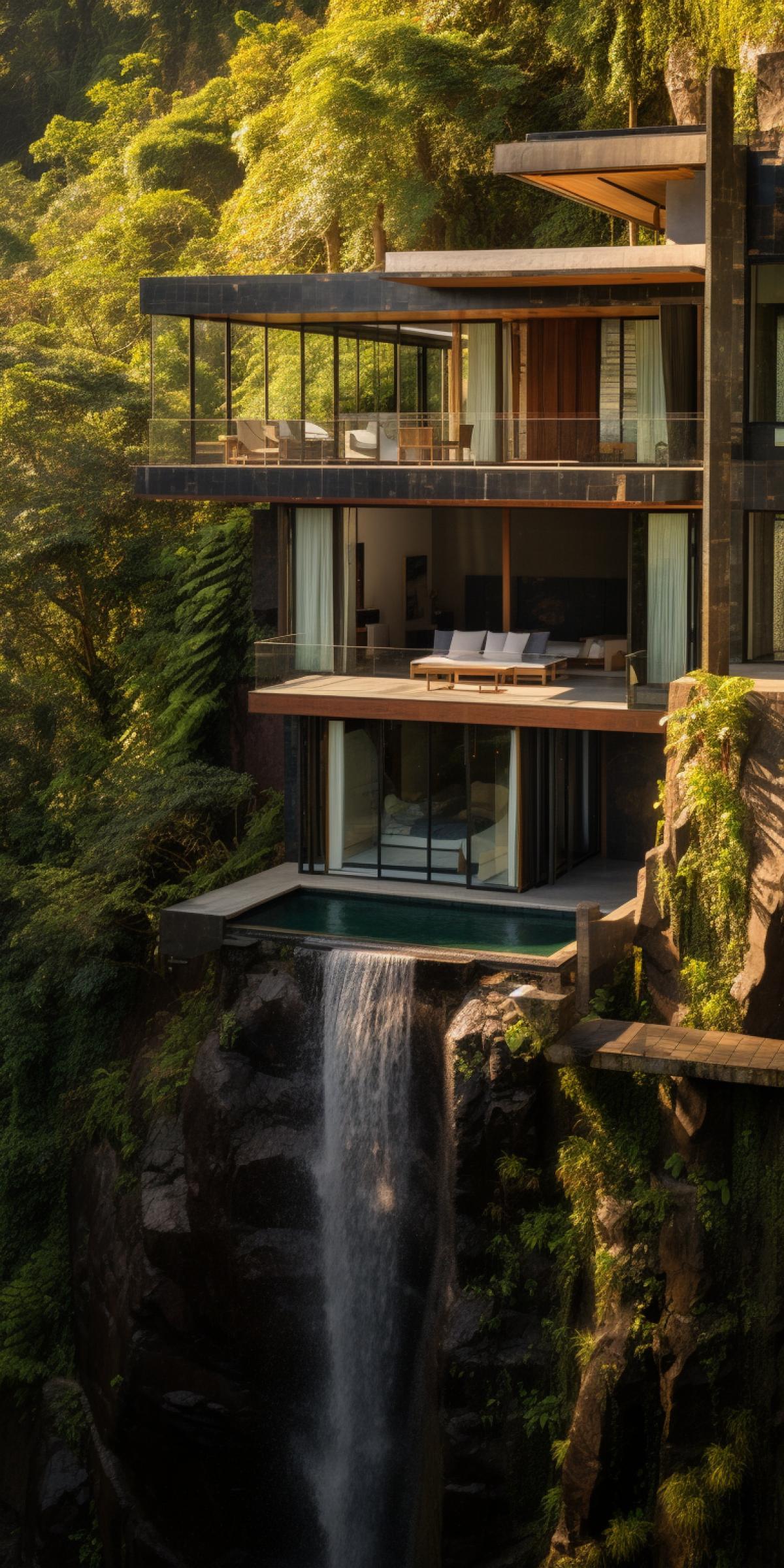 Contemporary villa perched on the edge of a waterfall, bathed in blinding sunlight