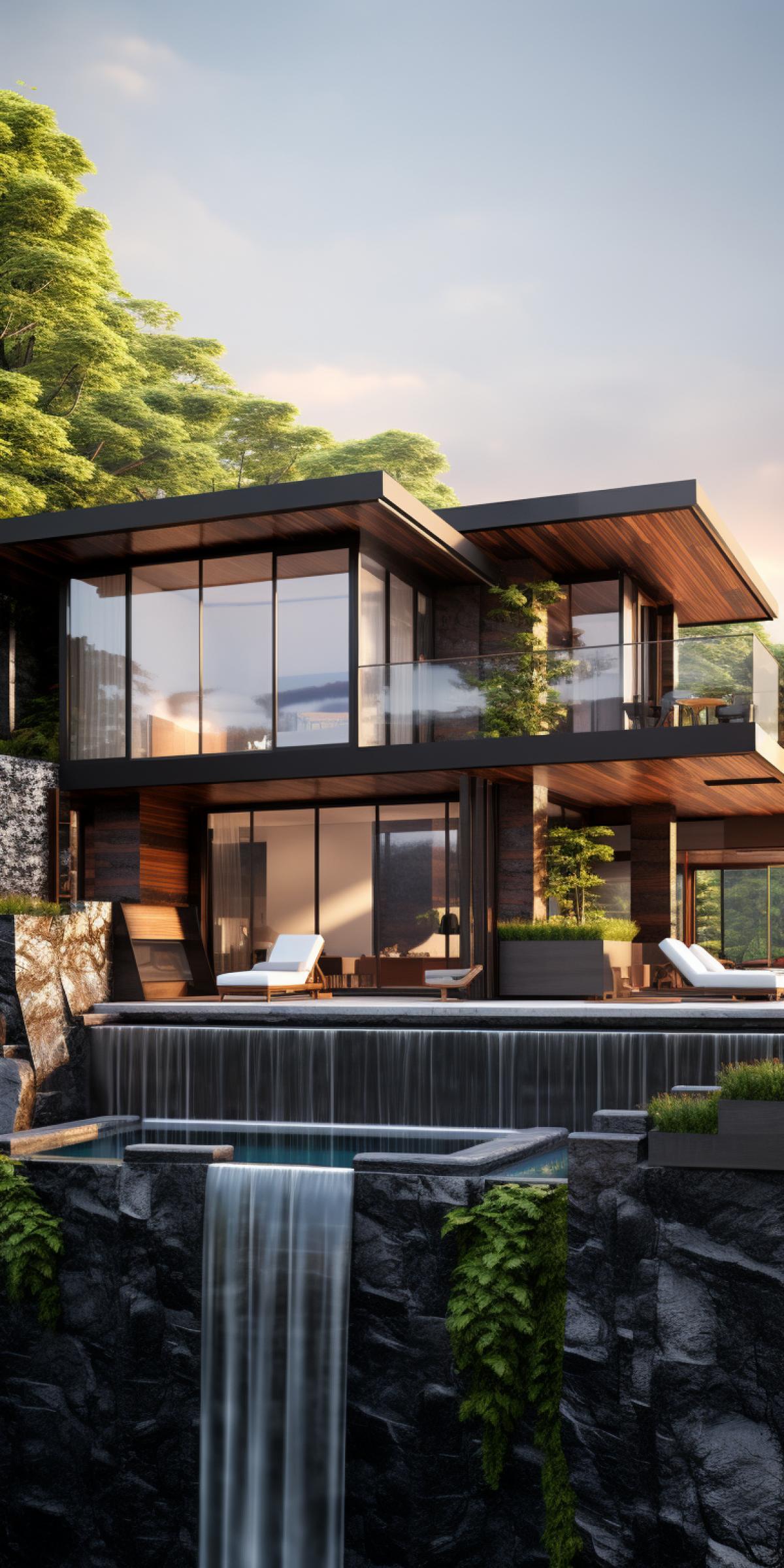 Contemporary villa perched on the edge of a waterfall, bathed in blinding sunlight