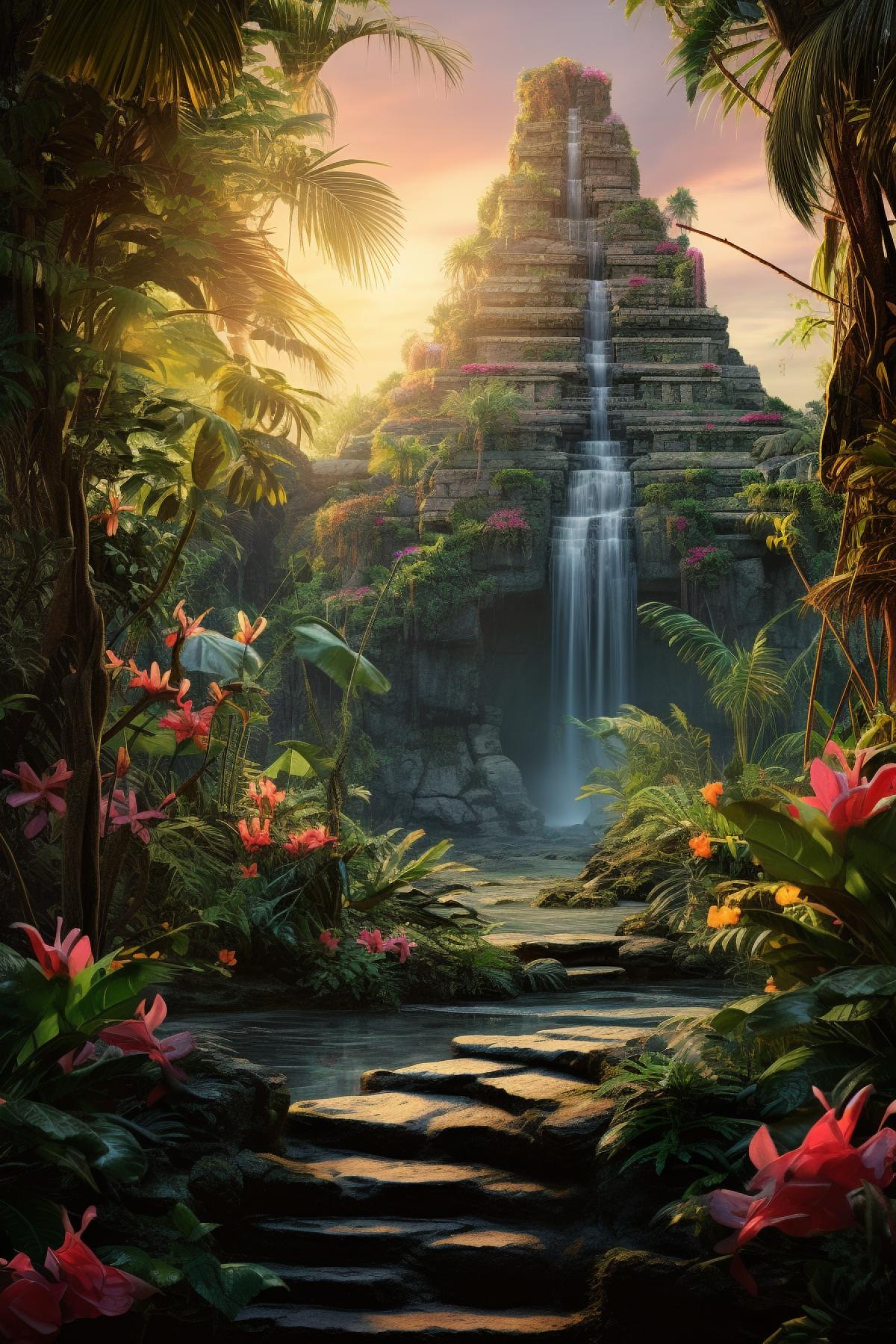Ziggurat temples in the distance photorealistic hyper detailed epic light golden sparkling lights soft touch awardwinning photography with very detailed close up view of Hyperrealistic gorgeous colorful tropical rainforest orchids and bromiliads of pink red and yellow iris flowers cone flowers and wild flowers and colorful mushrooms growing along fallen tree next to gorgeous tropical waterfall rich vibrant colors ar Image