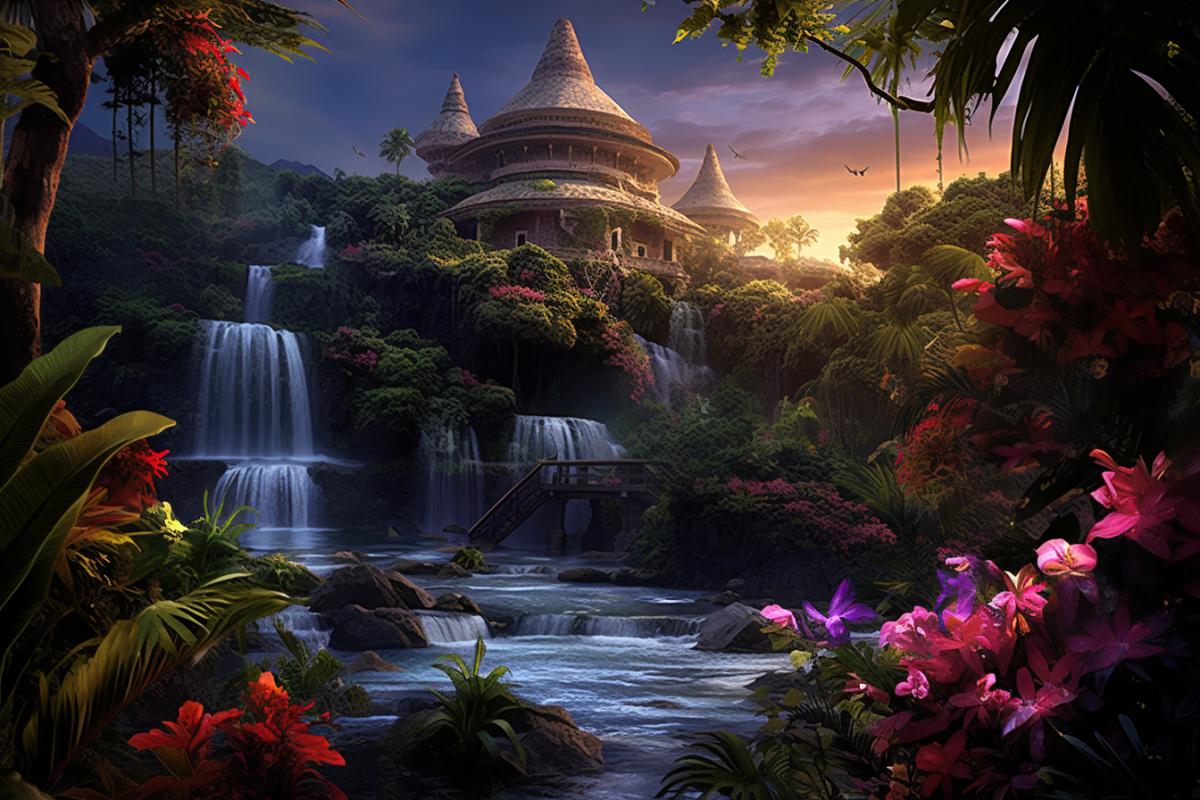 Ziggurat temples in the distance photorealistic hyper detailed epic light golden sparkling lights soft touch awardwinning photography with very detailed close up view of Hyperrealistic gorgeous colorful tropical rainforest orchids and bromiliads of pink red and yellow iris flowers cone flowers and wild flowers and colorful mushrooms growing along fallen tree next to gorgeous tropical waterfall rich vibrant colors ar Image