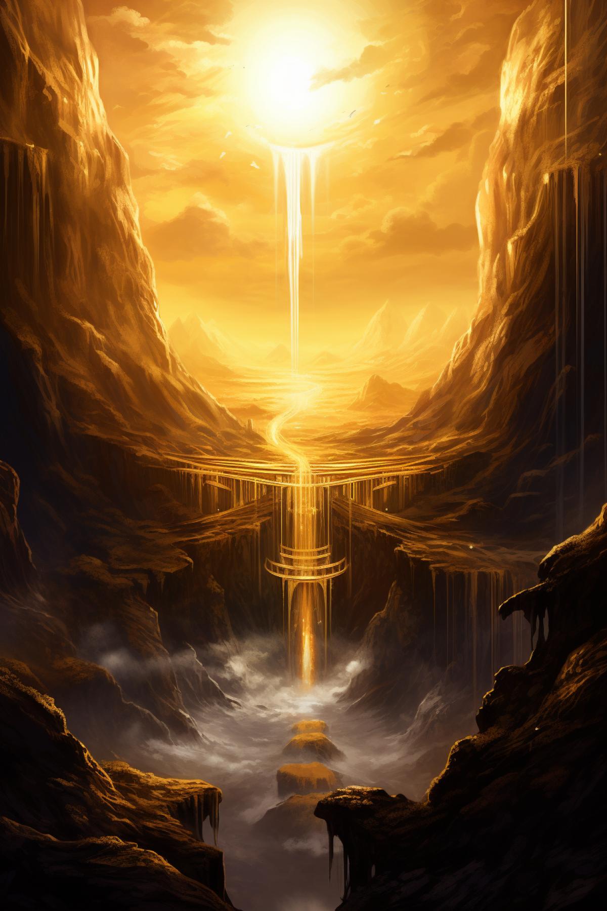 the cosmic landscape in the style of alan lee that has golden hued silhouette in front of majestic planetary waterfall