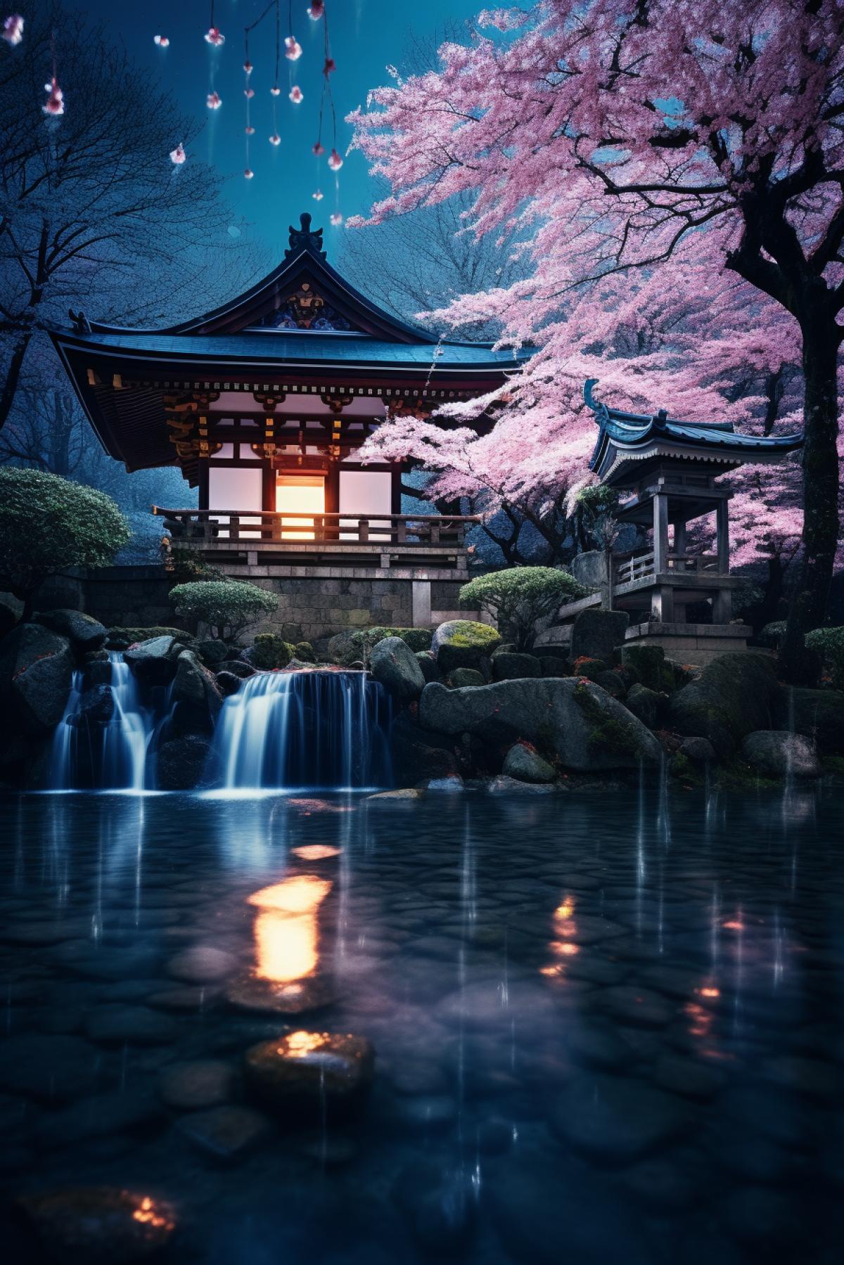 On clear night under starry skies soft ocean breeze makes wish and sends gentle breeze towards the blossoming sakura trees dispersing their delicate blooms into tender sprinkling of flower petal snow gracefully bestowing the sacred Japanese shrine in satiny slivers of which glint and glimmer catching reflections of moonlight from the majestic waterfall’s flowing chimes of 💫blue twinkling streams ar stylize Image