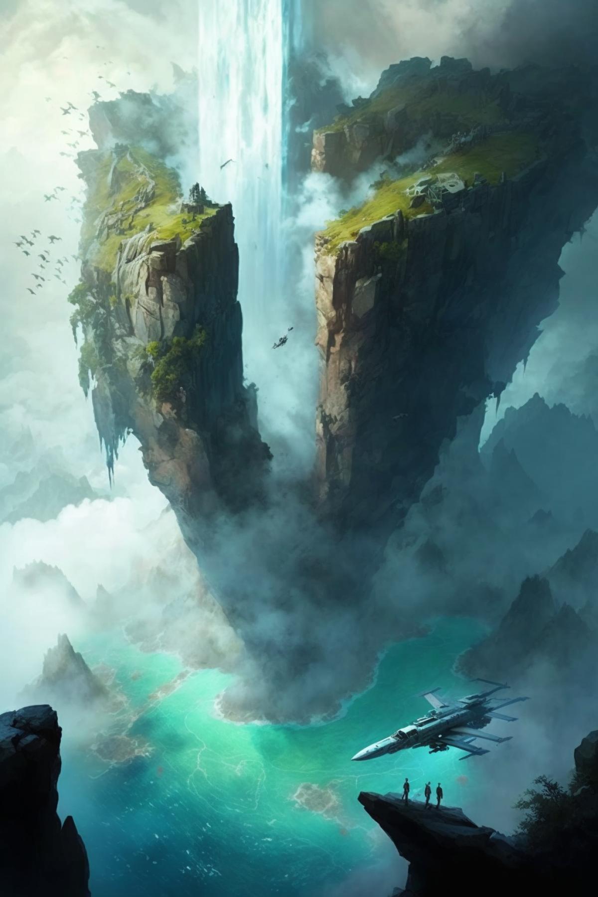 A waterfall flows into the abyss from a flying island on the planet Pandora
