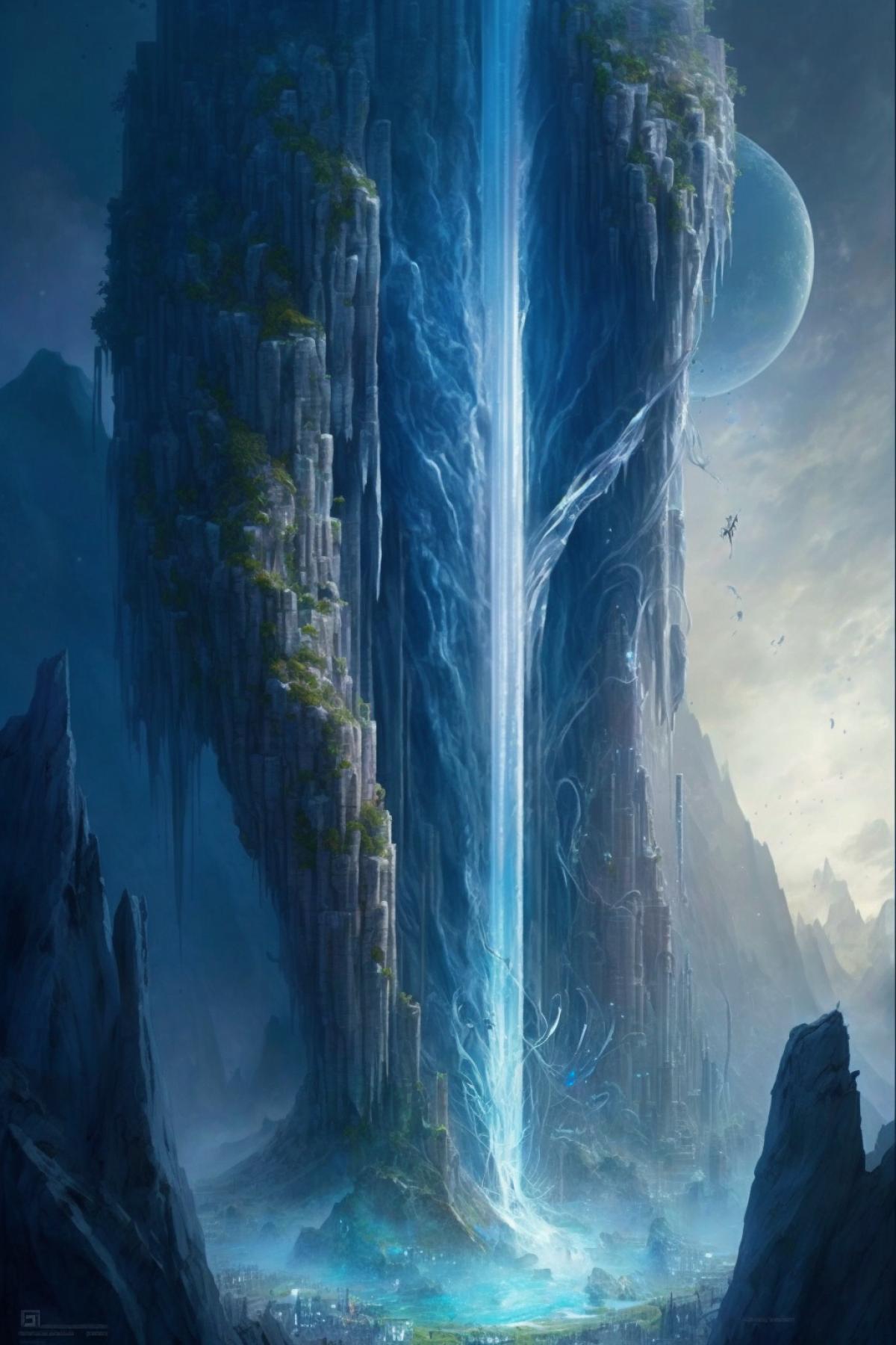 A waterfall flows into the abyss from a flying island on the planet Pandora