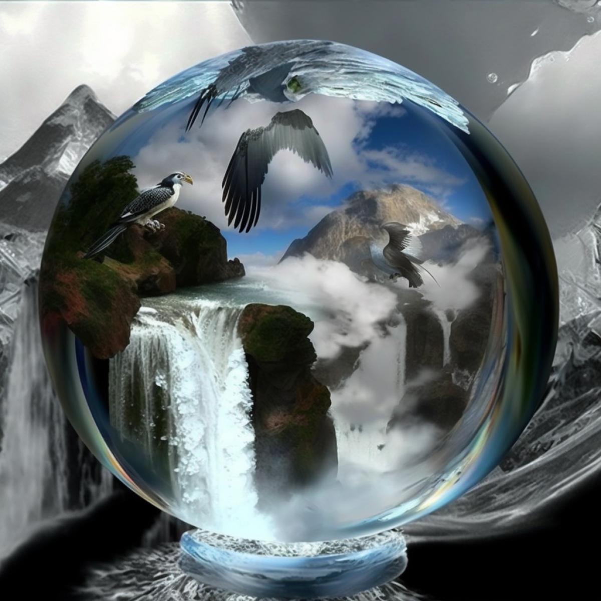 In a transparent sphere, a rock, a waterfall, a lake, clear water, white sand, exotic birds