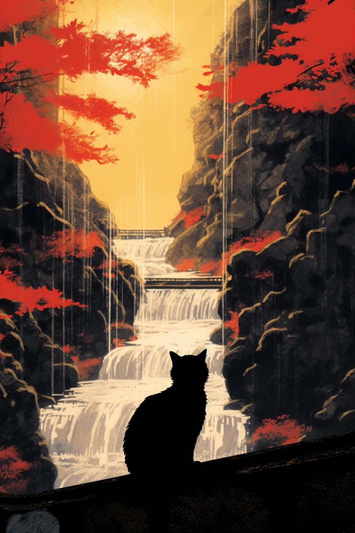 Silhouette of a cat looking at a beautiful waterfall Japanese painting style