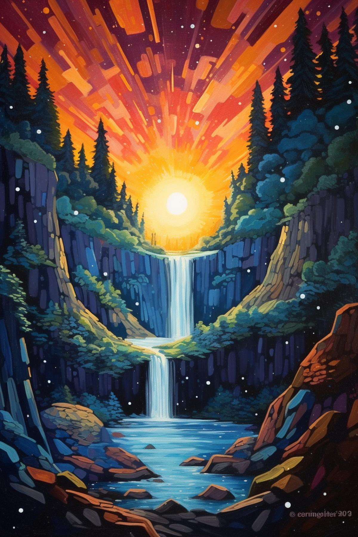 star waterfall bright painting
