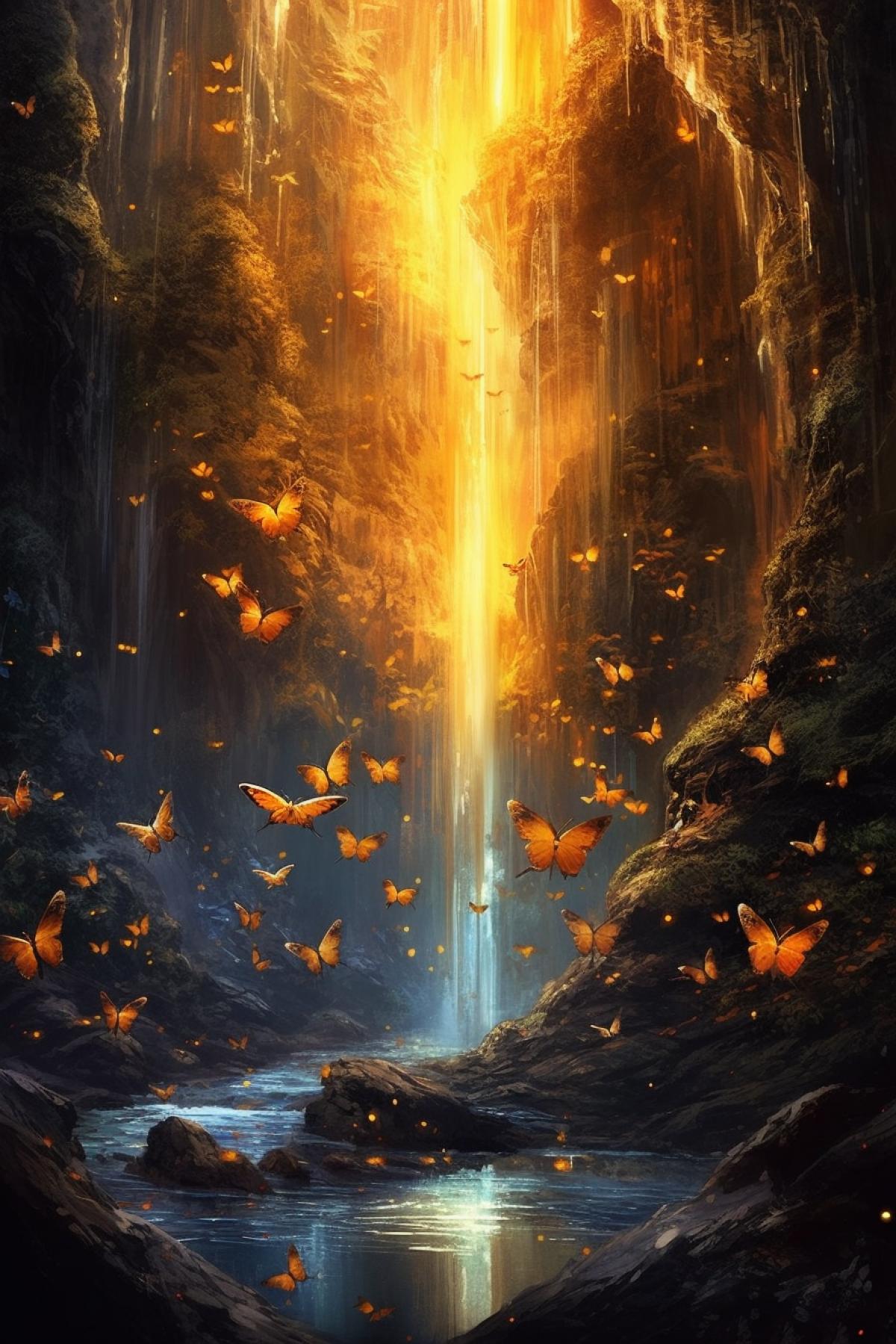 space waterfall, fantastic view, golden sparks, butterflies