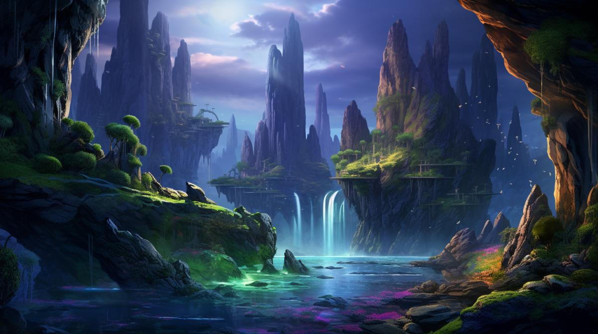 waterfall on another planet, fantasy style, extraterrestrial creatures and plants, CG art speed pain