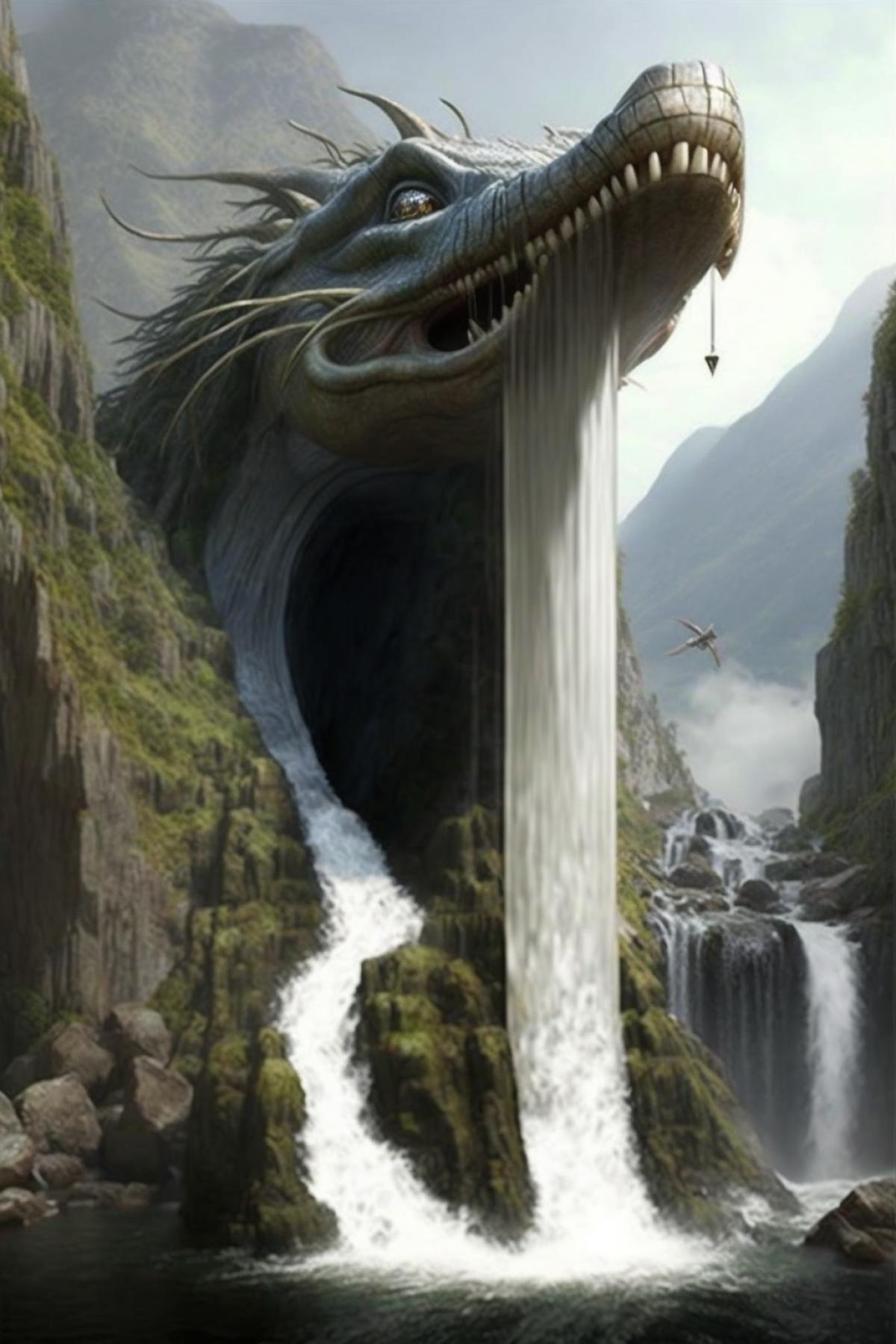 a cliff in the mountains like the head of a petrified dragon, water erupts from the dragons mouth and flows through the tongue and through the teeth, separate jets of water flow like tears from the dragons empty eye sockets