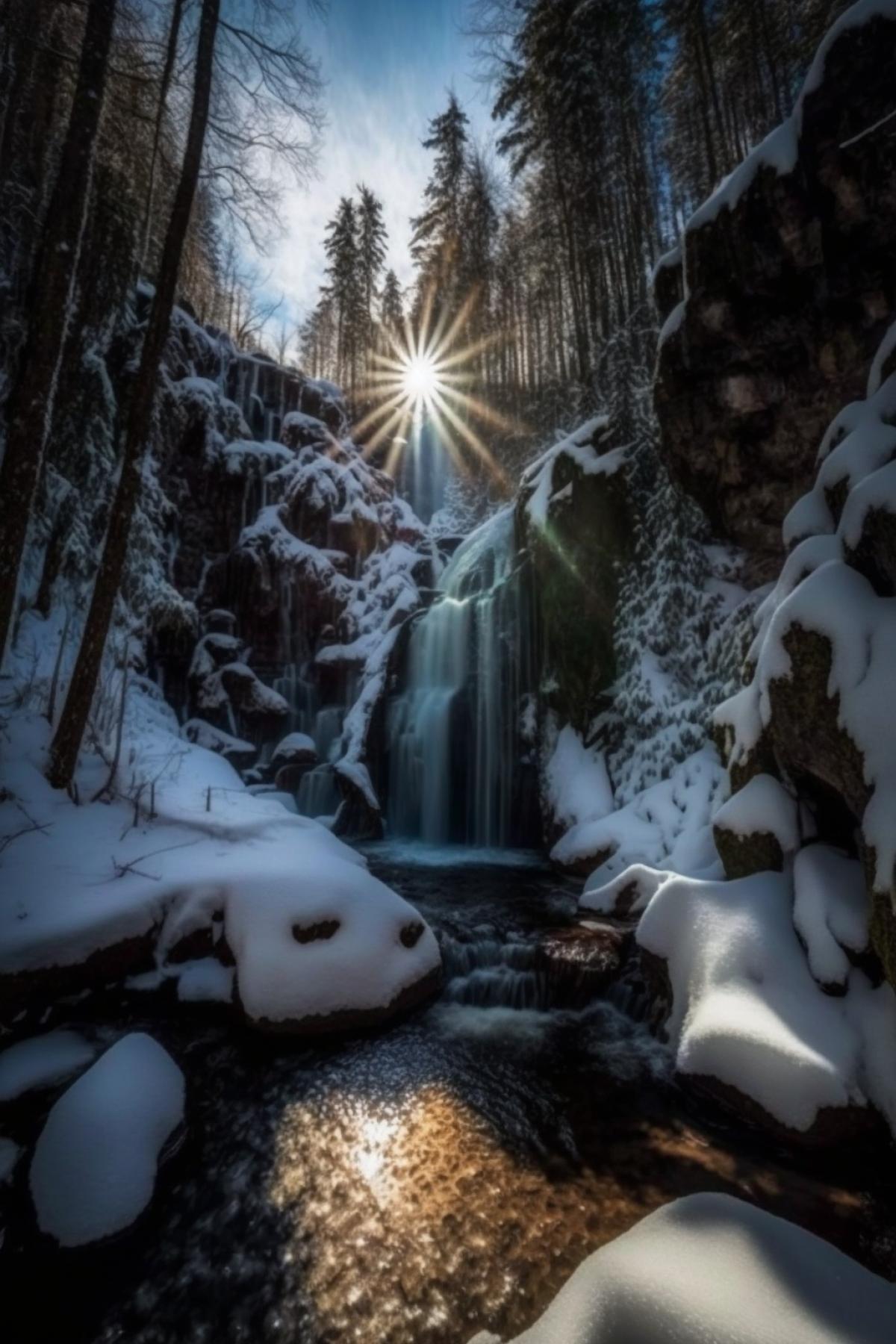 waterfall in snowy forest, sunny day, professional photography, landscape