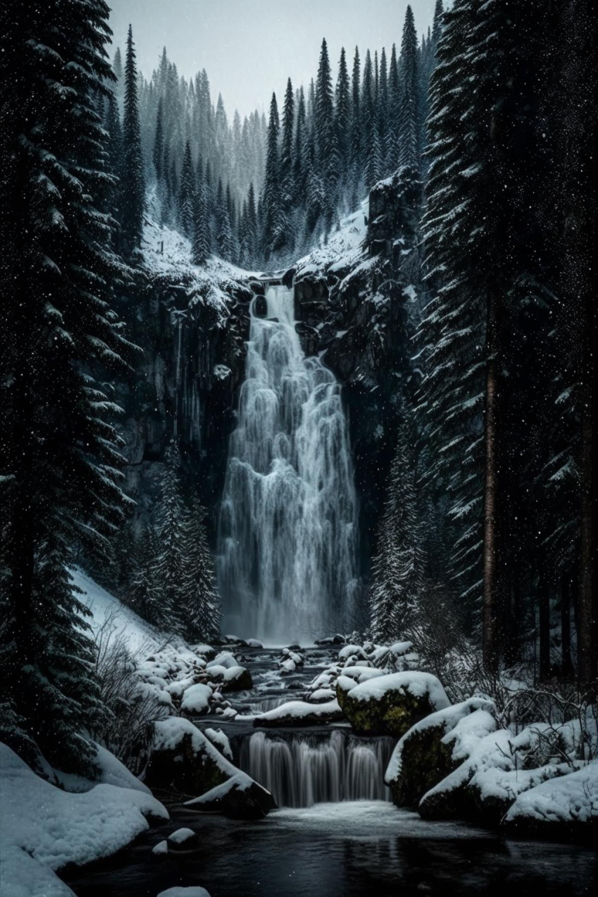 waterfall in snowy forest, professional photography, landscape