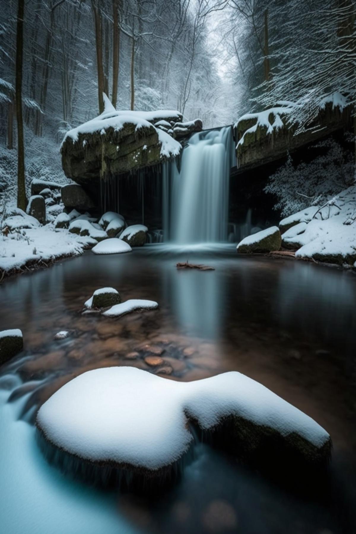 waterfall in snowy forest, professional photography, landscape