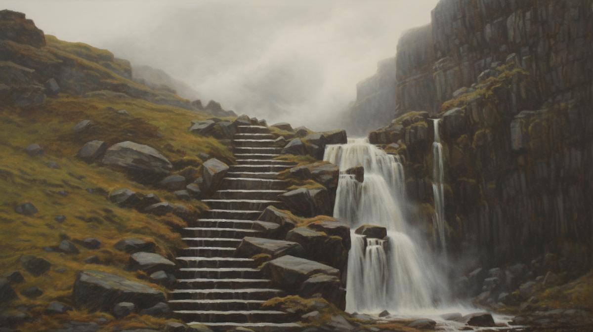 atmospheric spectacle waterfall on stone steps