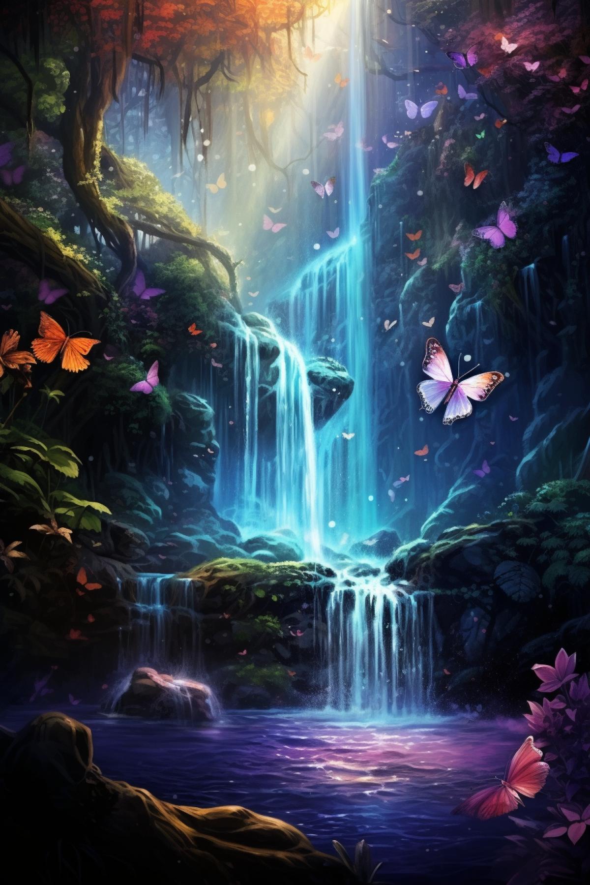Fairy waterfall, fairies, butterflies, rainbow, magic