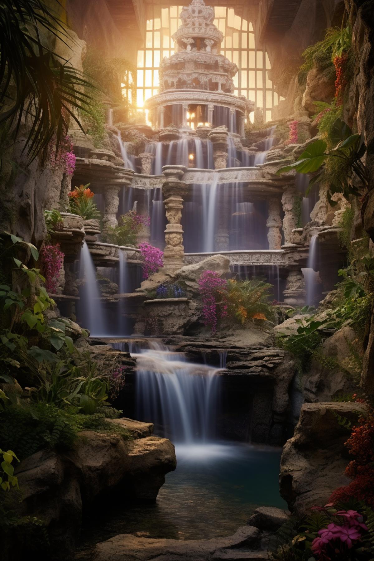 crystal castle waterfall, beautiful light, beautiful highlights
